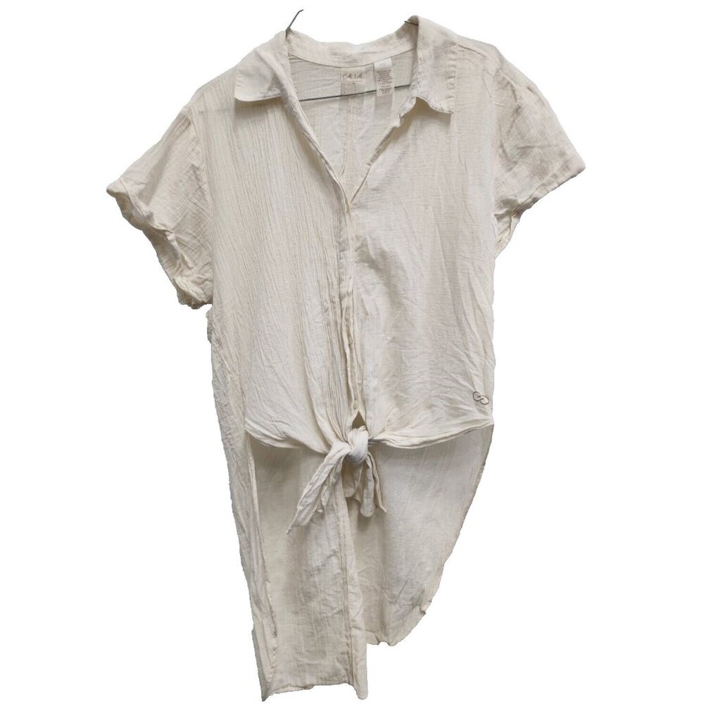 Calia Carrie Underwood Womens Button Up Shirt Small Cream Tie Hem Short Sleeve